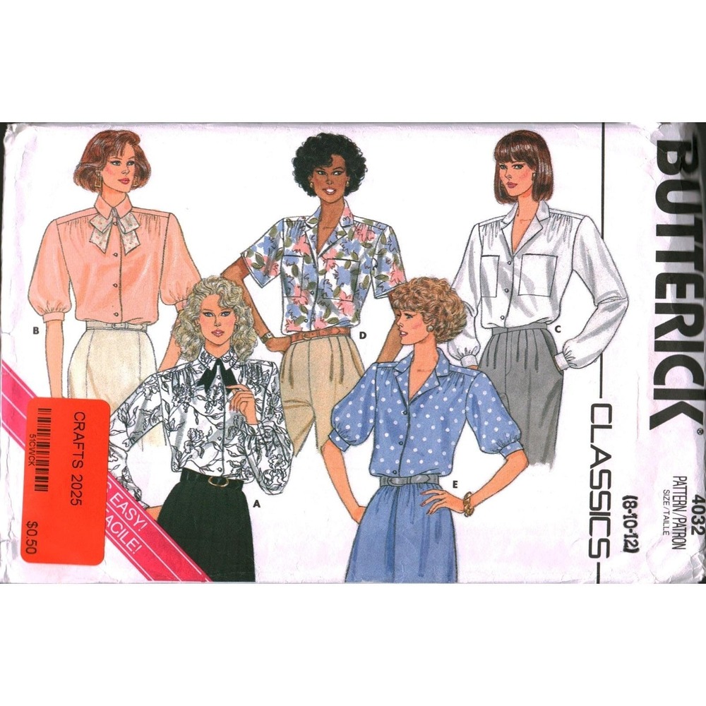 Butterick 4032 Vintage Sewing Pattern Misses Blouse Shirt Size 8-10-12 Easy Cut